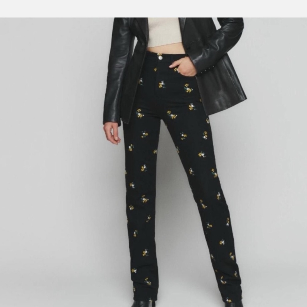 Reformation Black High Rise Jeans with Yellow Floral
